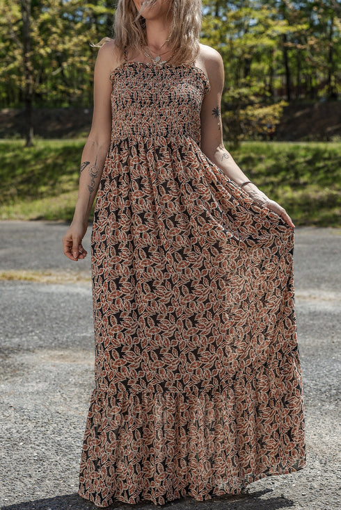 Botanical Print Shirred Bodice Tiered Flowy A-Line Maxi Dress